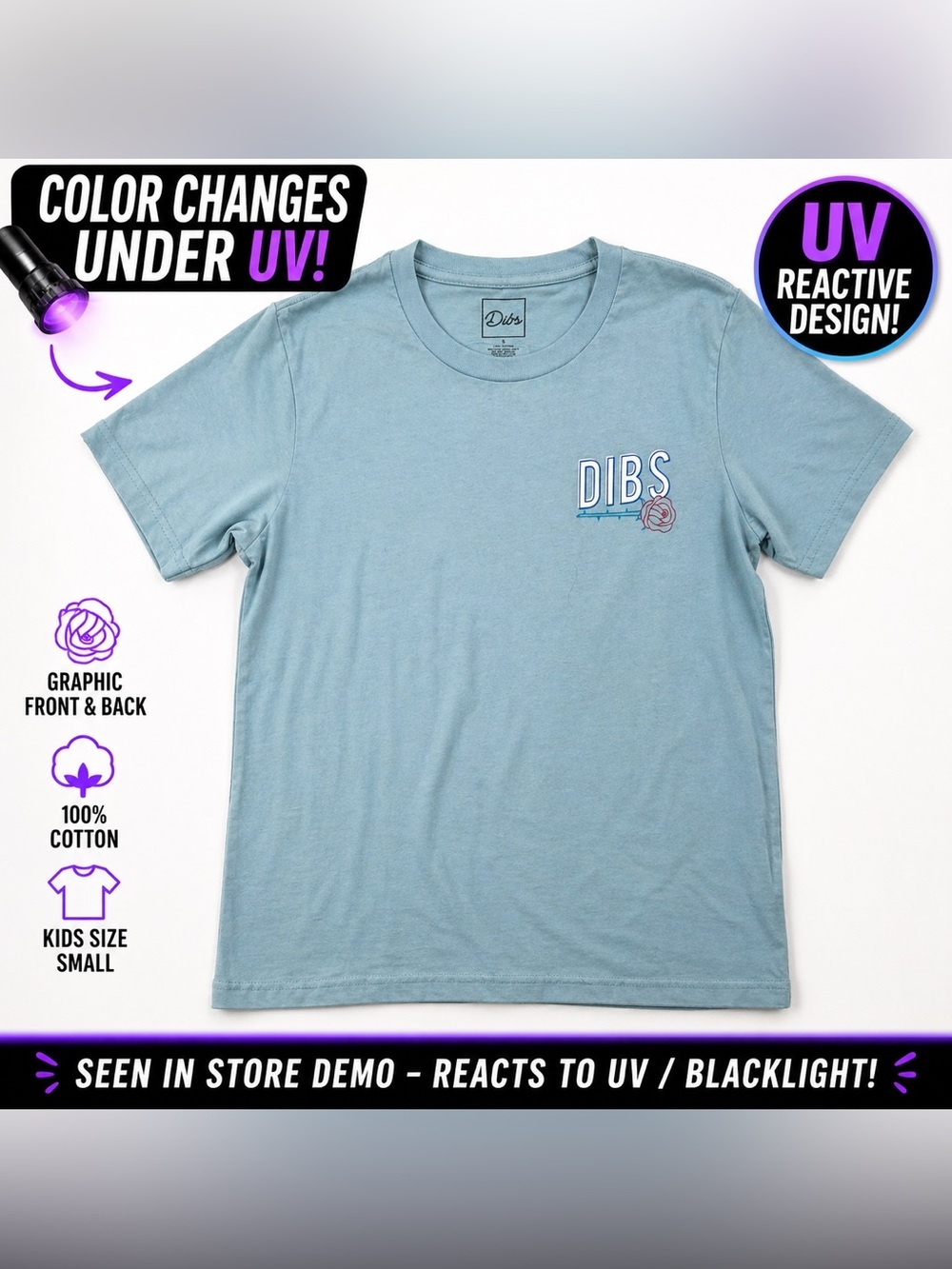 Dibs Kids UV Color Changing Graphic Tee Blue Glow Reactive Shirt Small